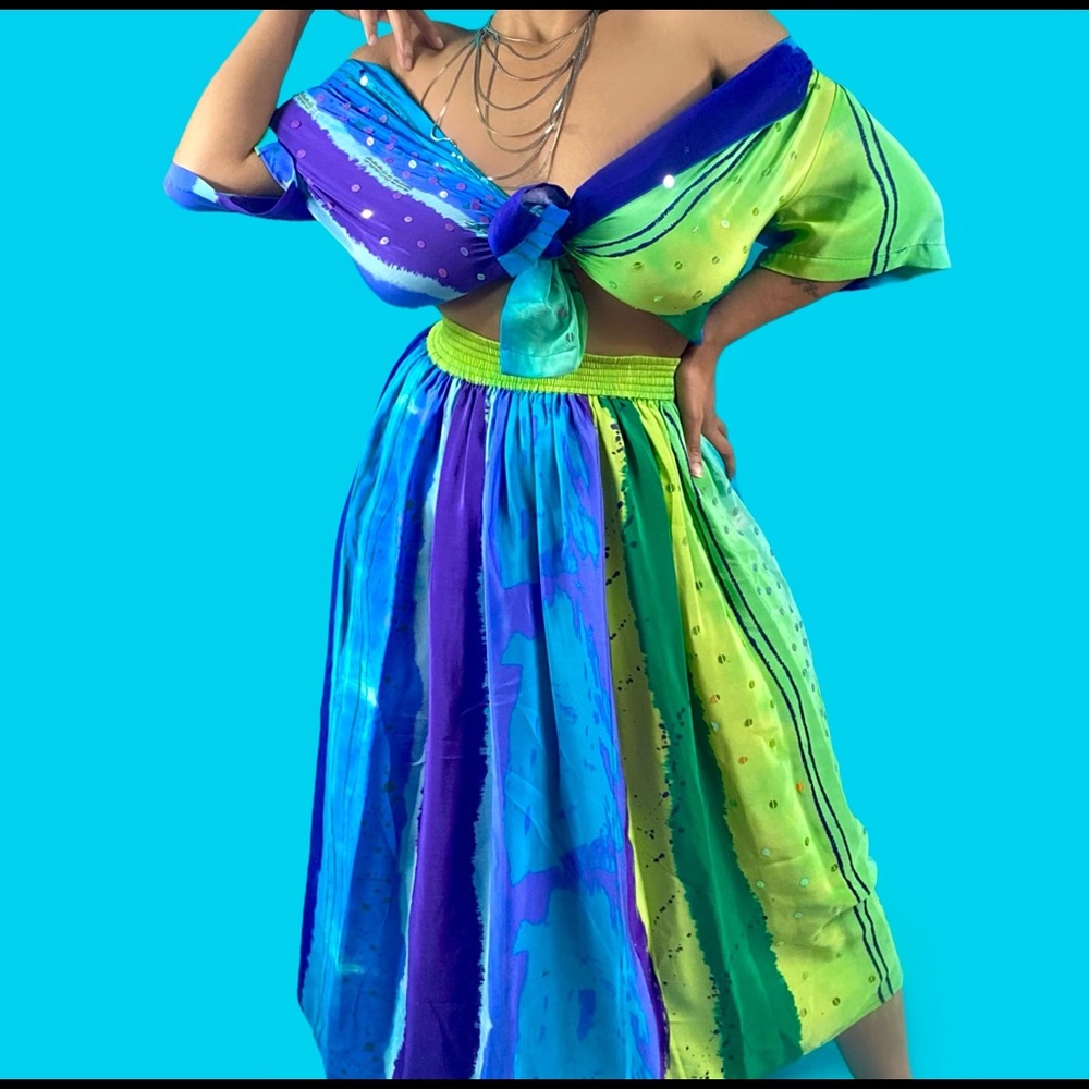 Vintage sequins ombré silk two piece skirt set
